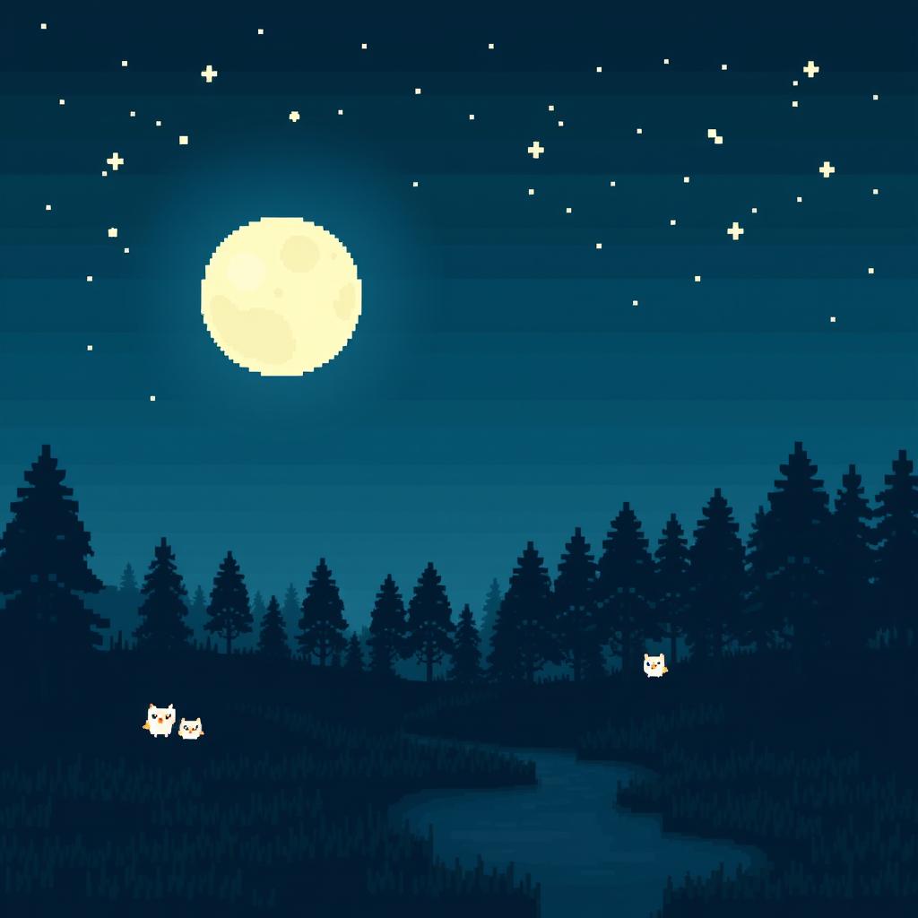 A serene night scene in pixel art style depicting a luminous moon casting gentle light over a tranquil landscape