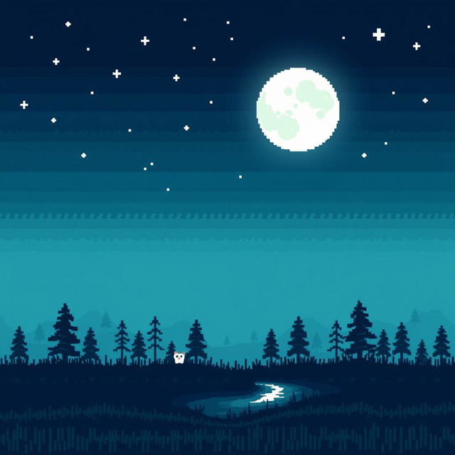 A serene night scene in pixel art style depicting a luminous moon casting gentle light over a tranquil landscape