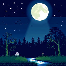 A serene night scene in pixel art style depicting a luminous moon casting gentle light over a tranquil landscape
