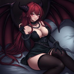 A sexy demon gothic anime girl with demonic wings and horns, featuring long flowing red hair and large breasts