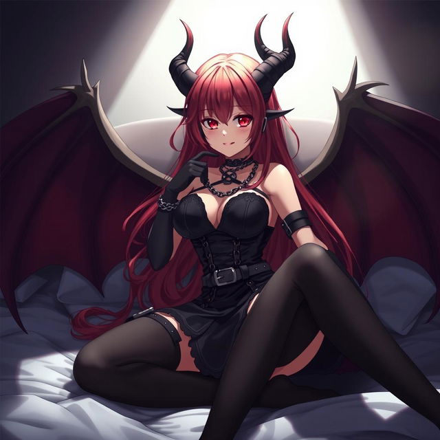 A sexy demon gothic anime girl with demonic wings and horns, featuring long flowing red hair and large breasts