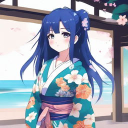 A high-quality digital art image, featuring a cute anime-style girl with long, dark blue hair