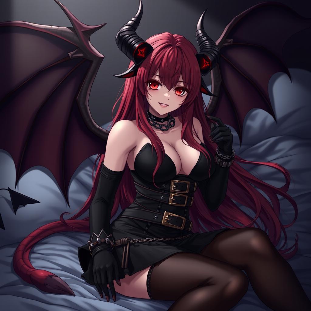 A sexy demon gothic anime girl with demonic wings and horns, featuring long flowing red hair and large breasts