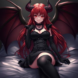 A sexy demon gothic anime girl with demonic wings and horns, featuring long flowing red hair and large breasts