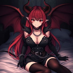 A sexy demon gothic anime girl with striking demonic wings and prominent horns, showcasing long, lustrous red hair and ample breasts