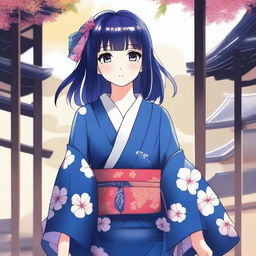 A high-quality digital art image, featuring a cute anime-style girl with long, dark blue hair