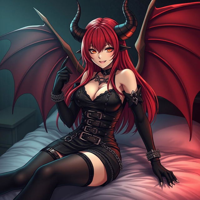 A sexy demon gothic anime girl with striking demonic wings and prominent horns, showcasing long, lustrous red hair and ample breasts