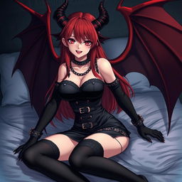 A sexy demon gothic anime girl with striking demonic wings and prominent horns, showcasing long, lustrous red hair and ample breasts
