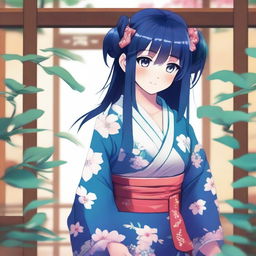 A high-quality digital art image, featuring a cute anime-style girl with long, dark blue hair