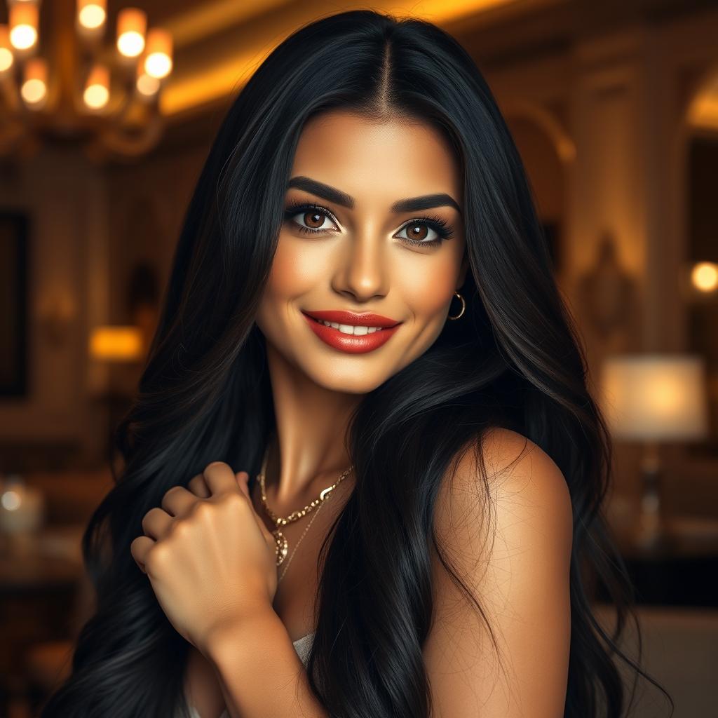 A striking portrait of a beautiful woman resembling Georgina Rodríguez, featuring long dark hair and an alluring smile