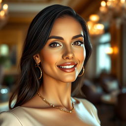 A striking portrait of a beautiful woman resembling Georgina Rodríguez, featuring long dark hair and an alluring smile