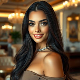 A striking portrait of a beautiful woman resembling Georgina Rodríguez, featuring long dark hair and an alluring smile