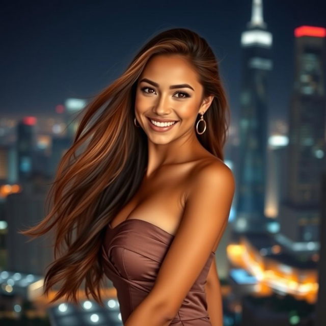 A stunningly beautiful young woman exuding confidence, with long flowing hair and a captivating smile