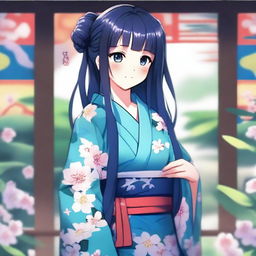 A high-quality digital art image, featuring a cute anime-style girl with long, dark blue hair