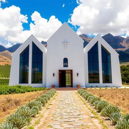A stunning architectural view of Bosjes Chapel, nestled in the picturesque Karoo region of South Africa