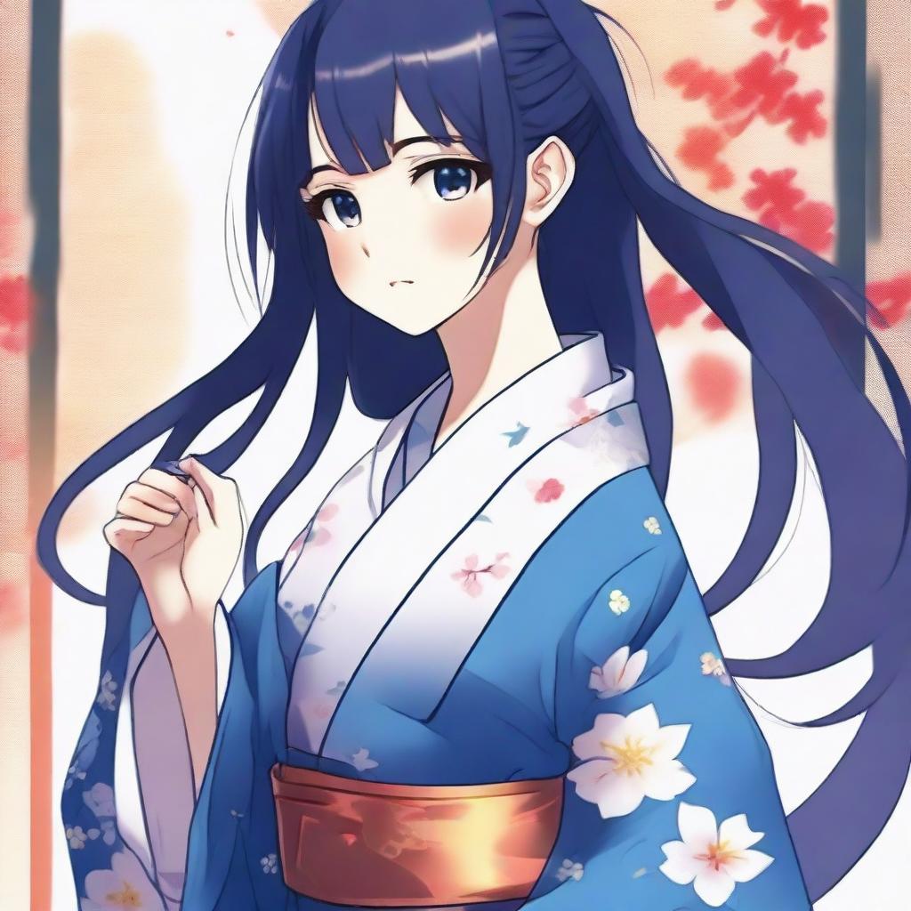 A high-quality digital art image, featuring a cute anime-style girl with long, dark blue hair