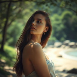 A tranquil, artistic representation of a beautiful woman in a serene natural setting