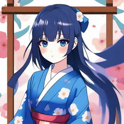 A high-quality digital art image, featuring a cute anime-style girl with long, dark blue hair