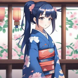 A high-quality digital art image, featuring a cute anime-style girl with long, dark blue hair