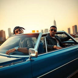 A dynamic scene featuring a confident, stylish duo in a blue Cadillac