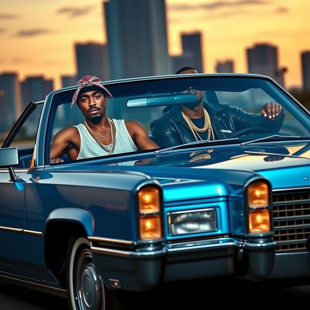 A dynamic scene featuring a confident, stylish duo in a blue Cadillac