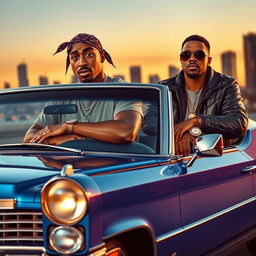 A dynamic scene featuring a confident, stylish duo in a blue Cadillac