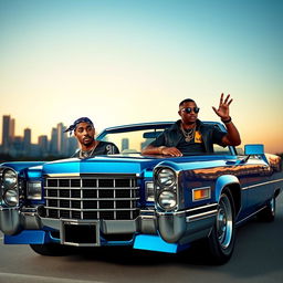 A dynamic scene featuring a confident, stylish duo in a blue Cadillac