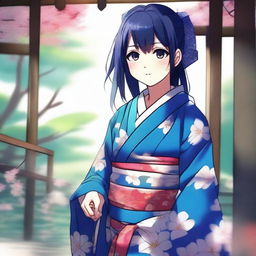 A high-quality digital art image, featuring a cute anime-style girl with long, dark blue hair