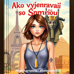 A fantasy book cover featuring a 17-year-old girl with brown hair and gray eyes, wearing a necklace with a vial of golden sand and a wrist tattoo of an ankh symbol