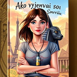 A fantasy book cover featuring a 17-year-old girl with brown hair and gray eyes, wearing a necklace with a vial of golden sand and a wrist tattoo of an ankh symbol