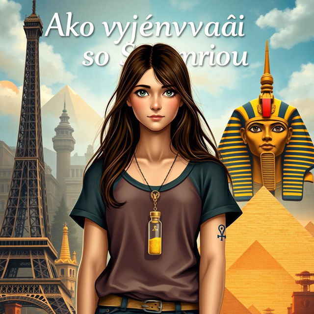 A fantasy book cover featuring a 17-year-old girl with brown hair and gray eyes, wearing a necklace with a vial of golden sand and a wrist tattoo of an ankh symbol