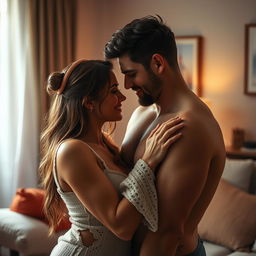 A sensual and intimate scene depicting an adult couple in a romantic setting, showcasing passion and connection