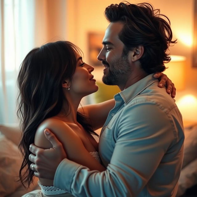 A sensual and intimate scene depicting an adult couple in a romantic setting, showcasing passion and connection