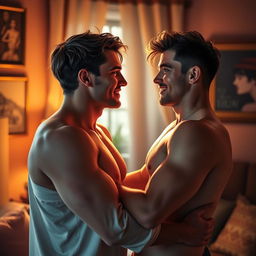 An intimate scene depicting a romantic interaction between two males, both adults, in a cozy, softly lit room