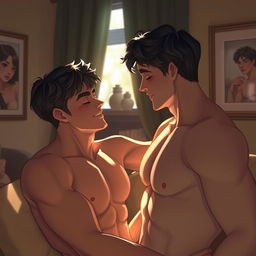 An intimate scene depicting a romantic interaction between two males, both adults, in a cozy, softly lit room