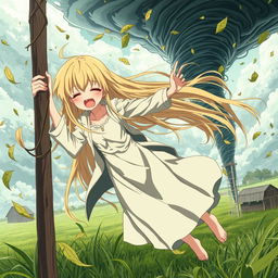 A thin teenage anime girl with super long, flowing blonde hair, wearing a long flowing dress paired with a long jacket, is desperately clinging to a pole for dear life as she is being sucked into a tornado