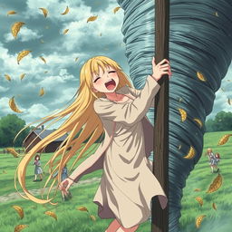 A thin teenage anime girl with super long, flowing blonde hair, wearing a long flowing dress paired with a long jacket, is desperately clinging to a pole for dear life as she is being sucked into a tornado