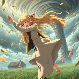 A thin teenage anime girl with super long, flowing blonde hair, wearing a long flowing dress paired with a long jacket, is desperately clinging to a pole for dear life as she is being sucked into a tornado