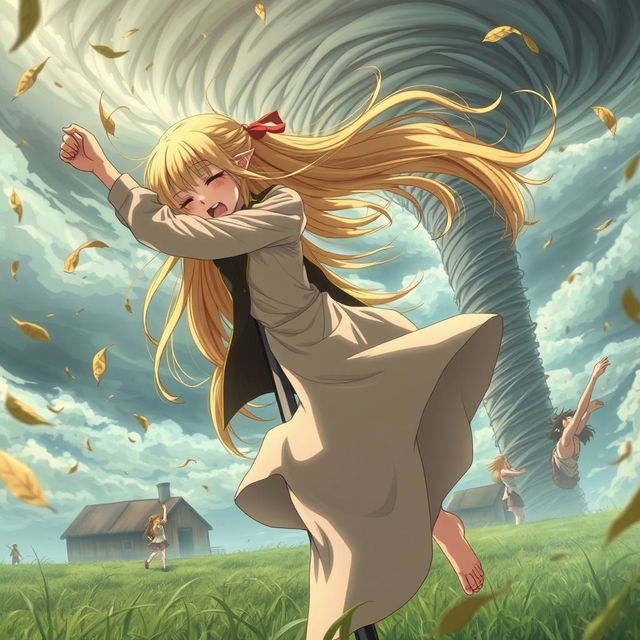 A thin teenage anime girl with super long, flowing blonde hair, wearing a long flowing dress paired with a long jacket, is desperately clinging to a pole for dear life as she is being sucked into a tornado