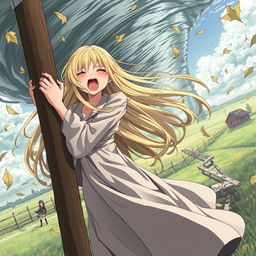 A thin teenage anime girl with super long, flowing blonde hair, wearing a long flowing dress paired with a long jacket, is desperately clinging to a pole for dear life as she is being sucked into a tornado