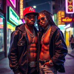 A sensual and vivid street scene featuring two iconic hip-hop artists, portrayed in a stylish, artistic manner