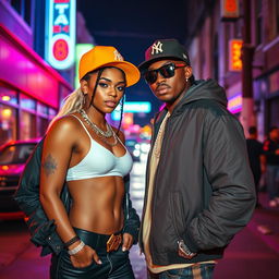 A sensual and vivid street scene featuring two iconic hip-hop artists, portrayed in a stylish, artistic manner