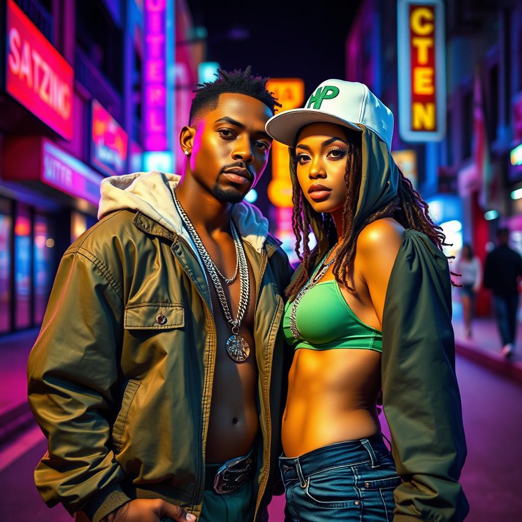 A sensual and vivid street scene featuring two iconic hip-hop artists, portrayed in a stylish, artistic manner