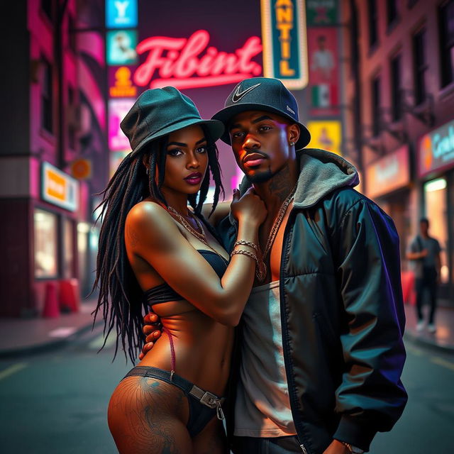 A sensual and vivid street scene featuring two iconic hip-hop artists, portrayed in a stylish, artistic manner