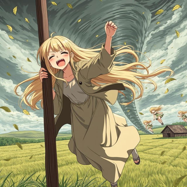 A thin teenage anime girl with super long blonde hair, wearing a flowing long dress and a long jacket