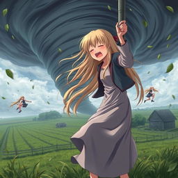 A thin teenage anime girl with super long blonde hair, wearing a flowing long dress and a long jacket