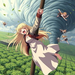 A thin teenage anime girl with super long blonde hair, wearing a flowing long dress and a long jacket