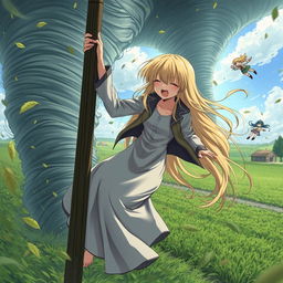A thin teenage anime girl with super long blonde hair, wearing a flowing long dress and a long jacket