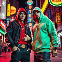 A vibrant street scene featuring two well-known hip-hop artists, Eminem and Reza Pishro, depicted in a stylish and artistic way