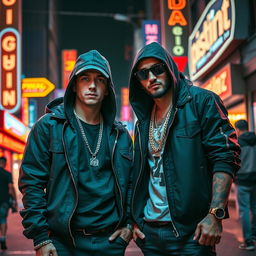 A vibrant street scene featuring two well-known hip-hop artists, Eminem and Reza Pishro, depicted in a stylish and artistic way